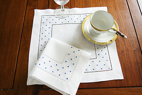 Square Linen Napkin. French Blue Polka Dots.Hemstitch. 14". 1pc.